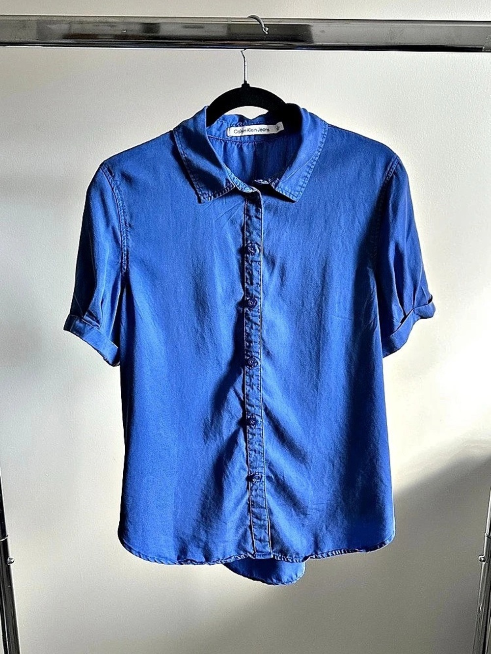 Calvin Klein Jeans Tencel Short Sleeve Button Down Shirt Royal Blue Womens M
